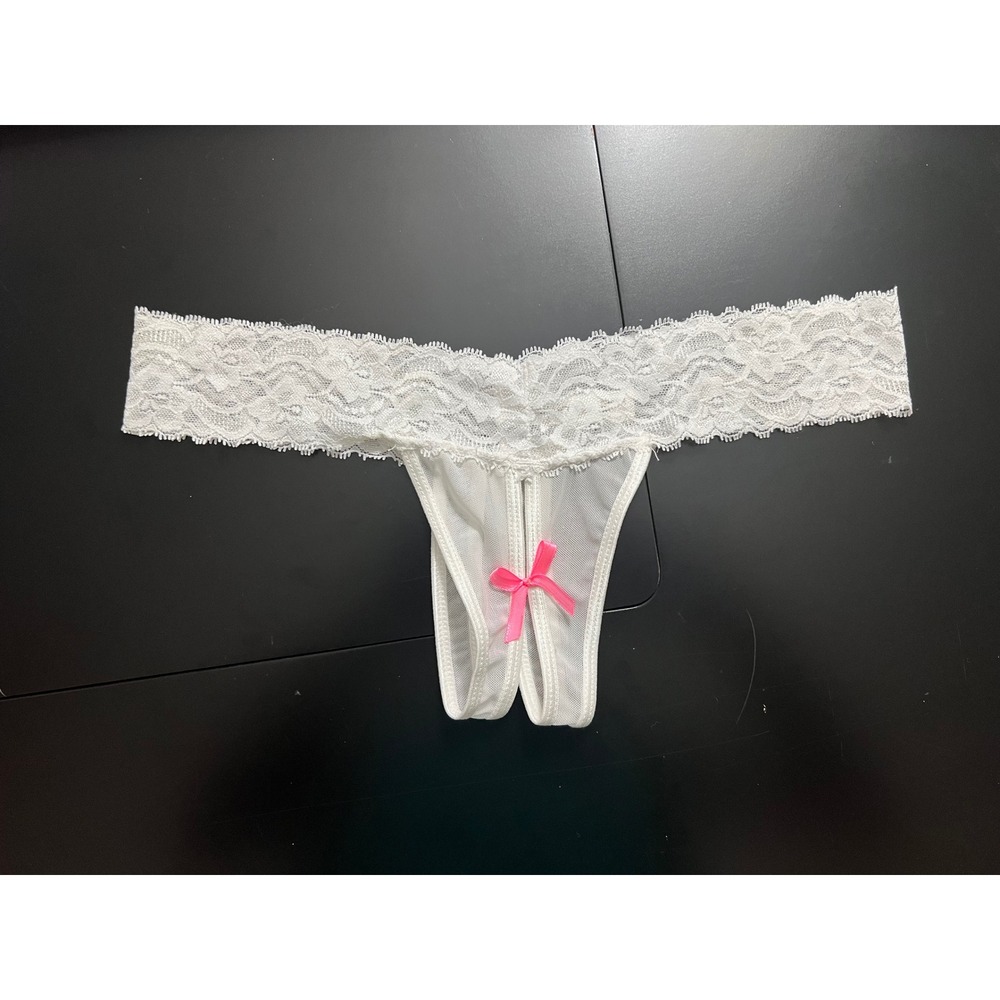 Coquette White Lace Open Front Thong‎ Pink Bow One Size Lingerie CA06093
